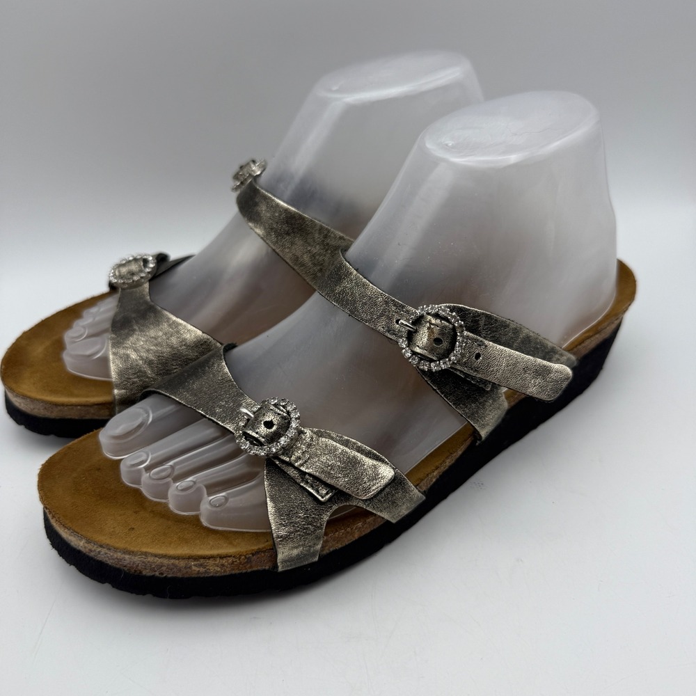 Naot Slide Sandals Women 41 US 10-10.5 Metallic Pewter Rhinestone Buckle Comfort